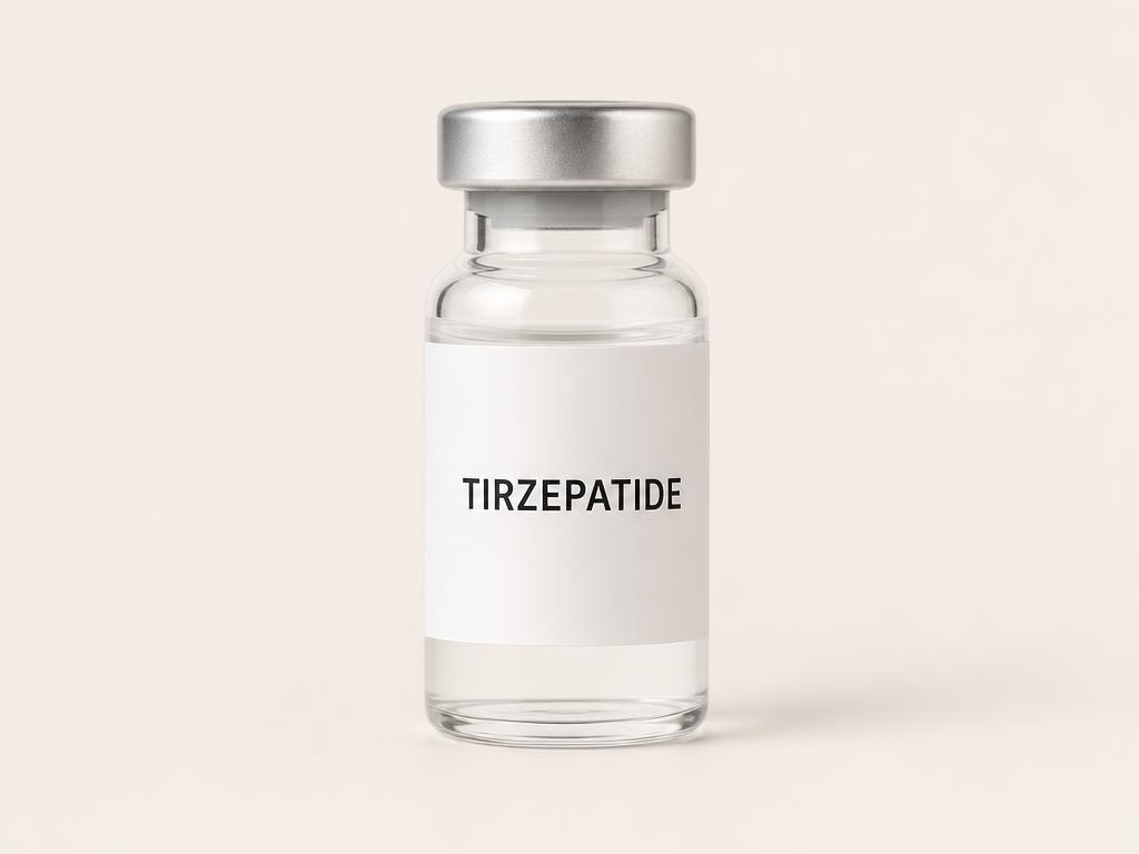 Vial labeled Tirzepatide on a cream background